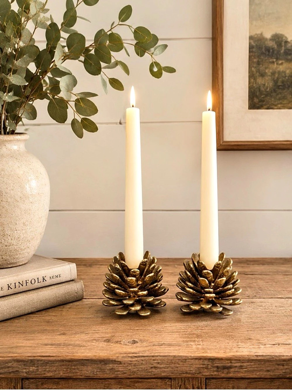 Heavy Gold Brass Tone Heavy Pine Cone Taper Pillar Candle Holders Set of 2”+